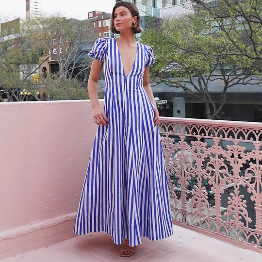 Damen Maxikleid mit tiefem V-Ausschnitt und voluminösen Ärmeln R&B