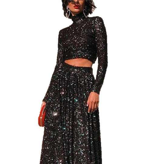 Damen nan zweiteiliges Pailletten-Abendset mit hochgeschlossenem Crop-Top und fließendem Maxirock R&B