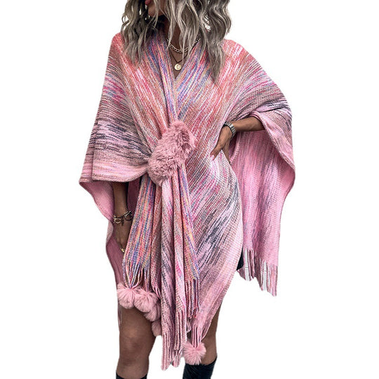 Damen modischer Poncho mit luxuriösem Kunstfellbesatz und kreativen Fransen R&B