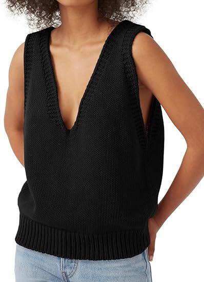 Damen lässiger Strickpullover ohne Ärmel mit tiefem V-Ausschnitt R&B