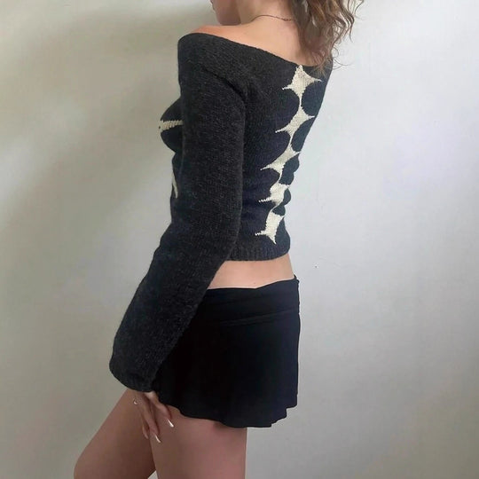 Damen Pullover mit geometrischem Blumenmuster und schulterfreier Passform R&B