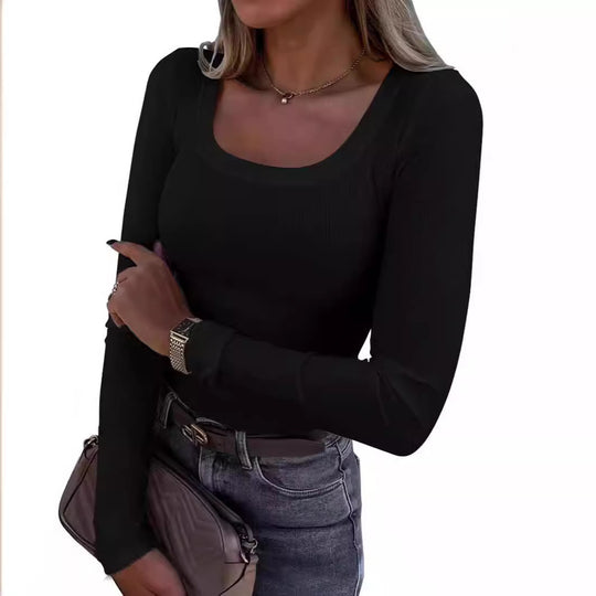 Damen Langarm Ripp-T-Shirt mit elegantem U-Boot-Ausschnitt R&B