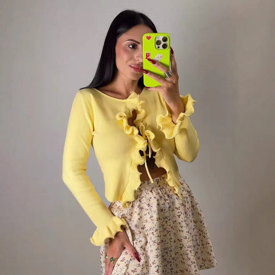 Damen elegante Strickjacke mit Rüschendetails und femininem Schnitt R&B