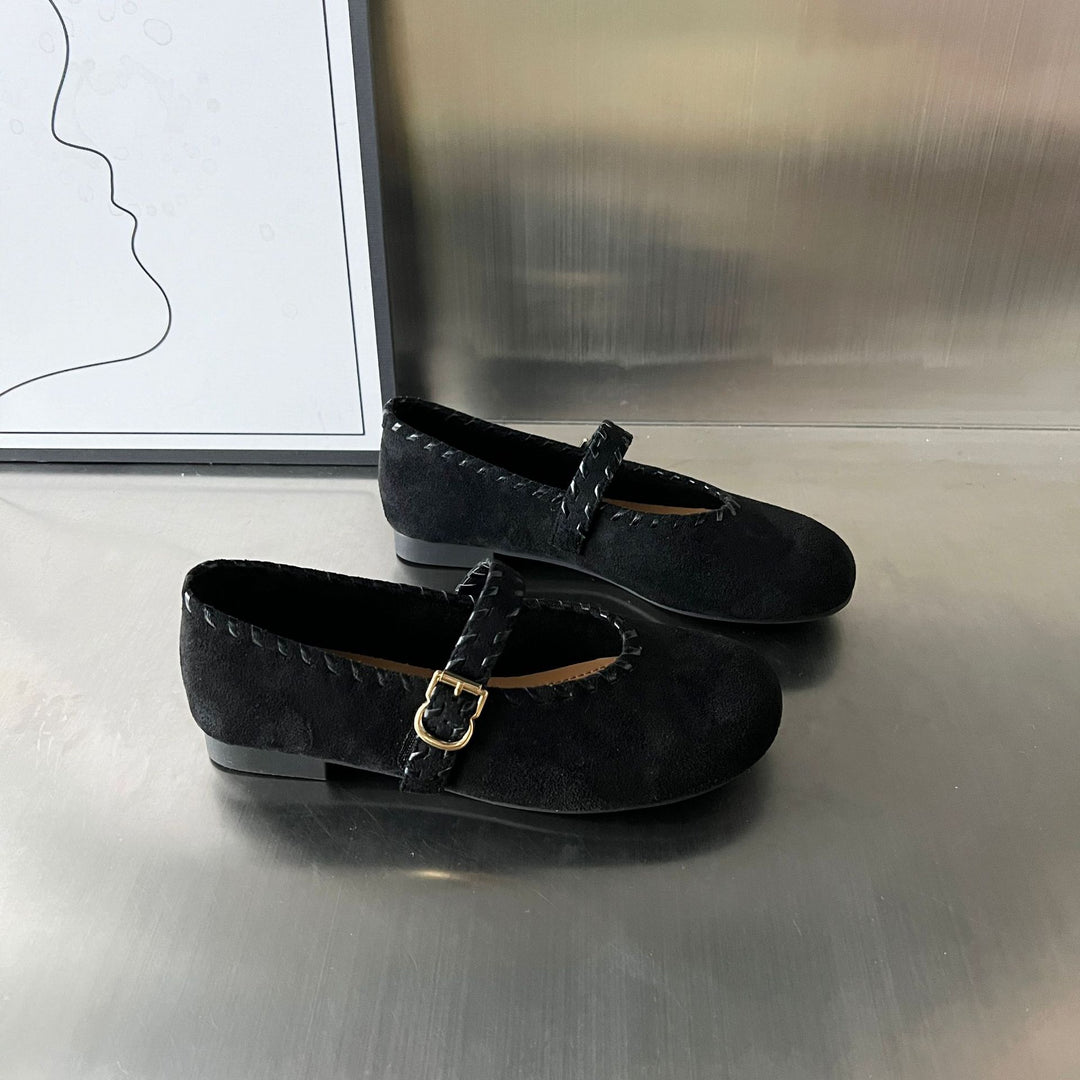Damen elegante Ballerinas mit geflochtenem Riemen und hochwertiger Veloursoberfläche R&B