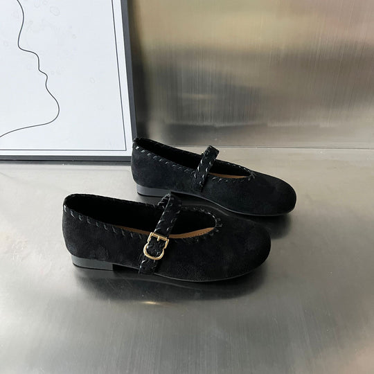 Damen elegante Ballerinas mit geflochtenem Riemen und hochwertiger Veloursoberfläche R&B