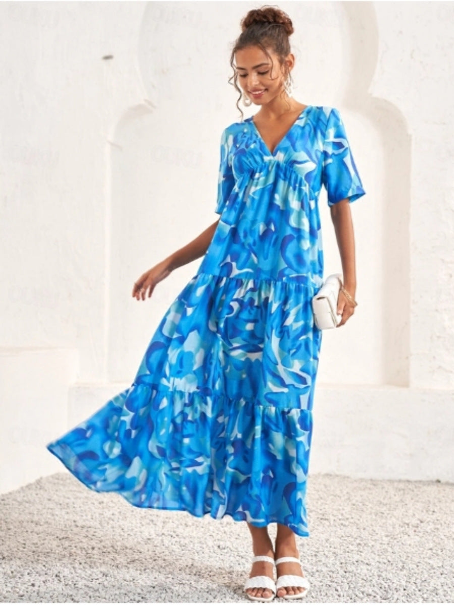 Damen Maxikleid mit voluminösen Rüschen und modischem V-Ausschnitt R&B
