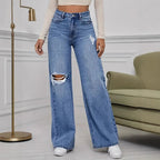 Damen Weite High-Waist Jeans mit modischen Rissdetails R&B