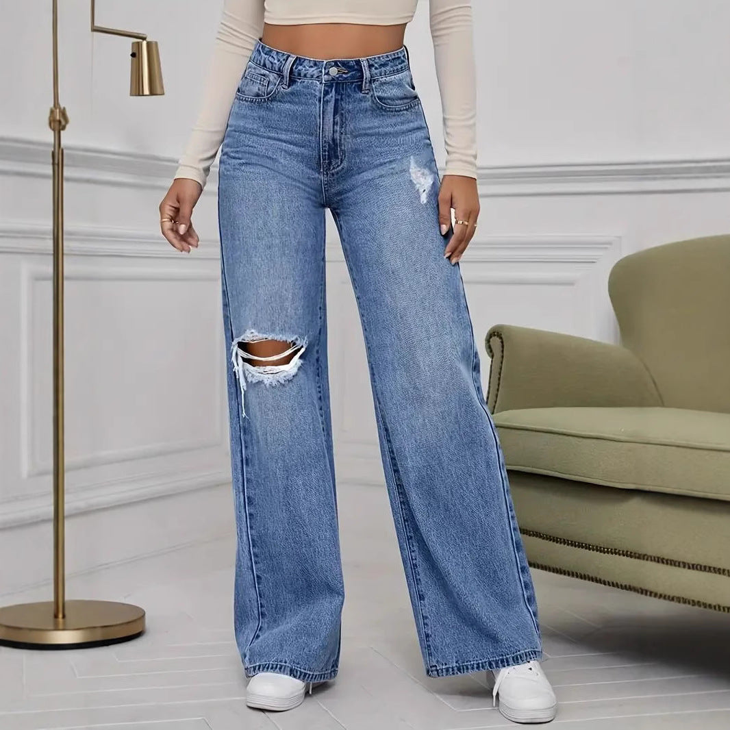 Damen Weite High-Waist Jeans mit modischen Rissdetails R&B