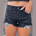 Damen Denim-Shorts mit ausgefranstem Saum und Leoparden-Details R&B