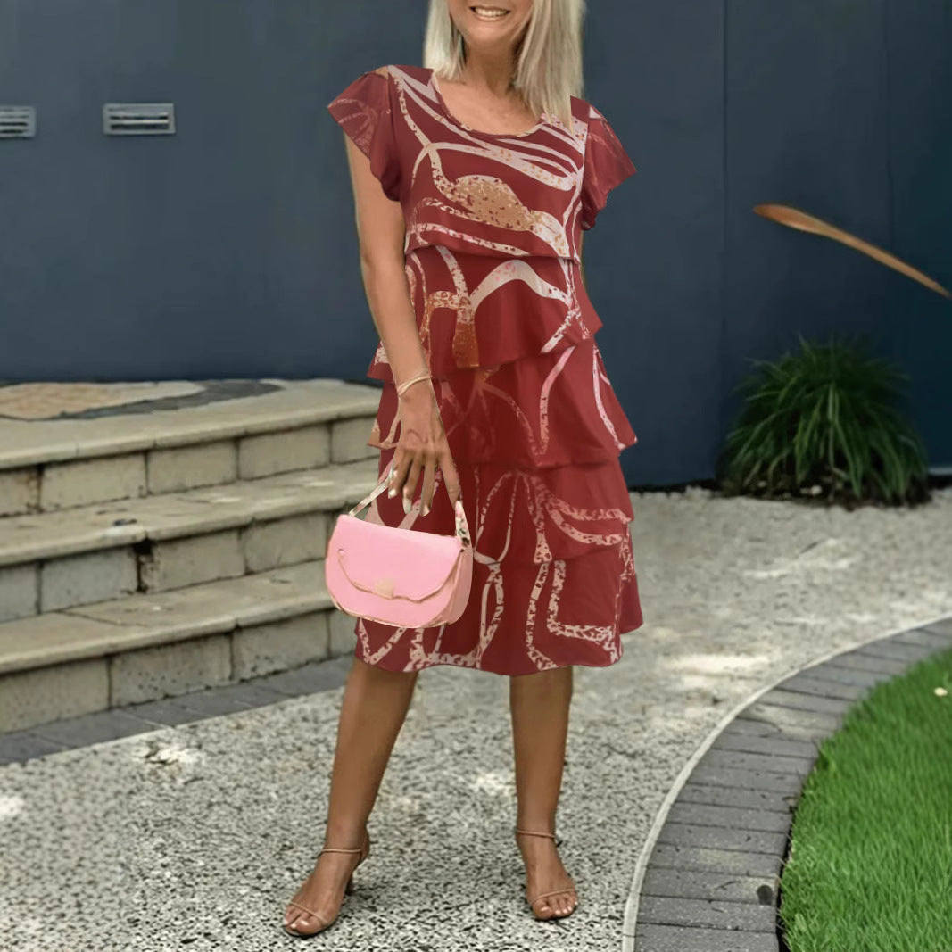 Damen fließendes Wickelkleid mit elegantem Layering und einzigartigem Muster R&B