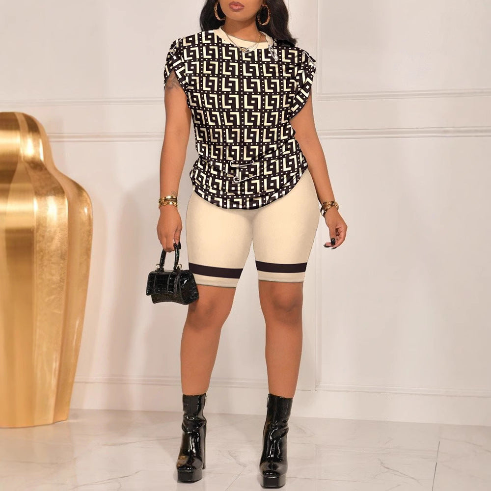 Damen Modisches Oberteil mit einzigartigem geometrischem Muster und lässigen Radlerhosen R&B