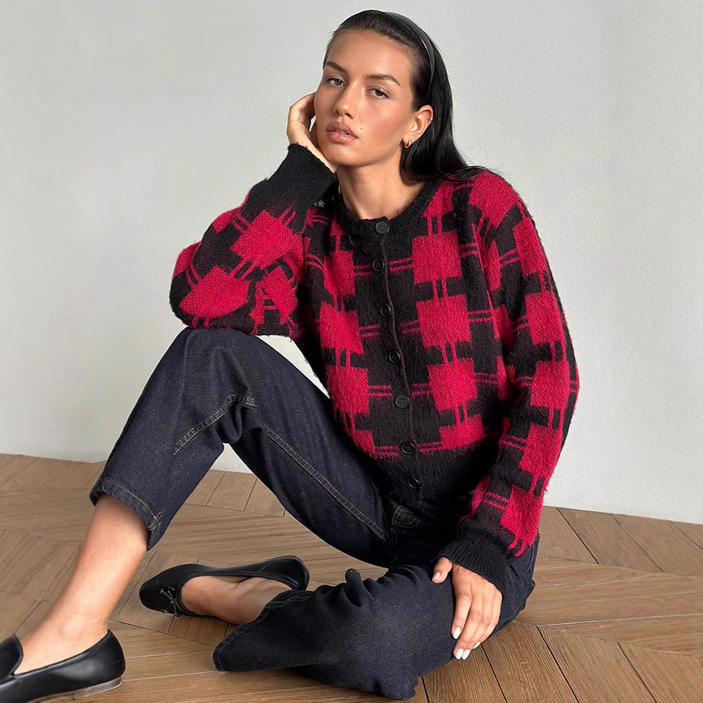 Damen cropped Strickjacke mit modernem Karomuster und knöpfbarem Design R&B