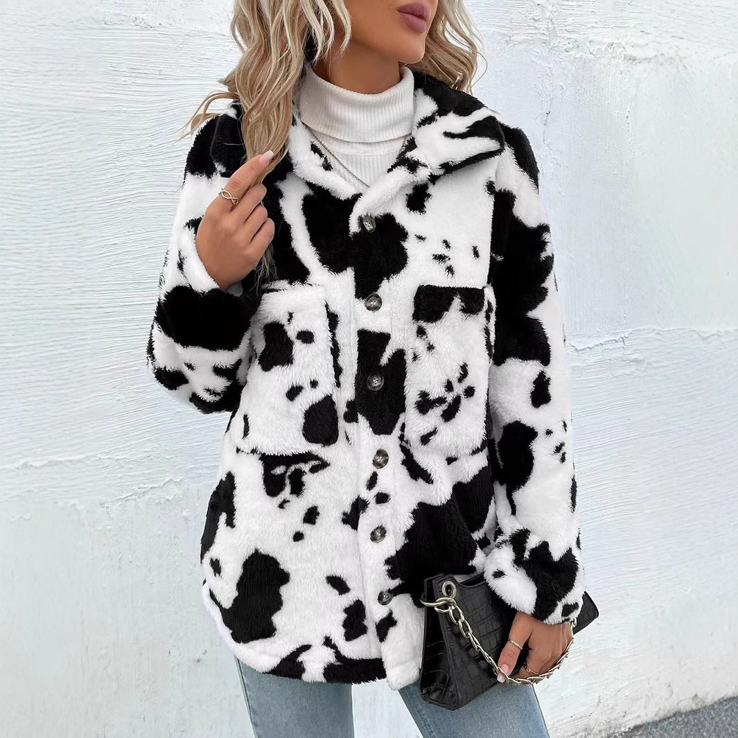 Damen Kuschelige Fleecejacke mit modischem Tierfellmuster