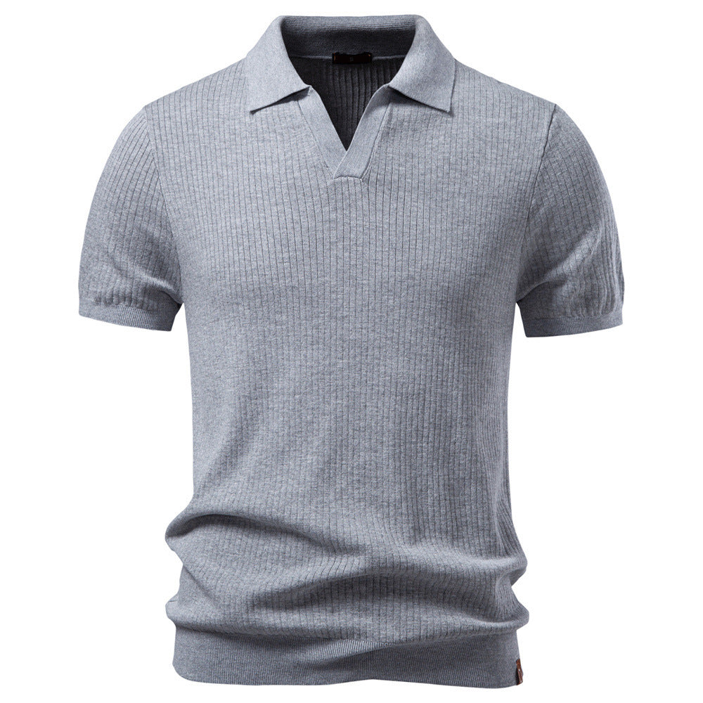 Herren nan fein geripptes Kurzarm-Poloshirt mit offenem Kentkragen R&B