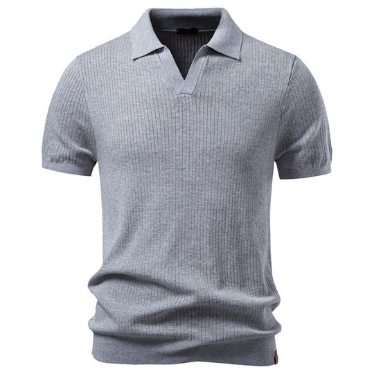 Herren nan fein geripptes Kurzarm-Poloshirt mit offenem Kentkragen R&B