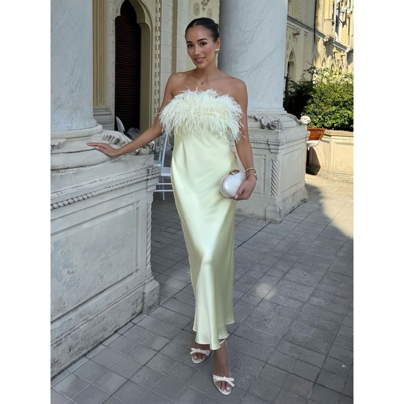 Damen Satin Abendkleid mit Federn R&B
