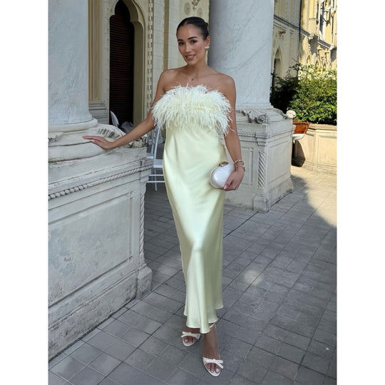 Damen Satin Abendkleid mit Federn R&B