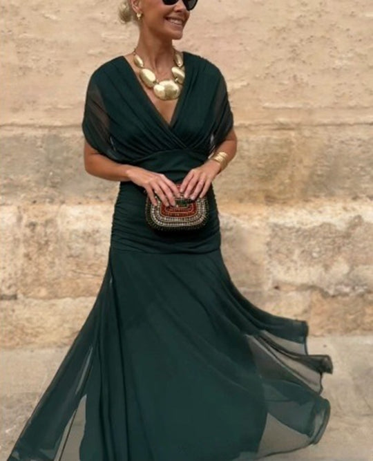 Damen nan fließendes Abendkleid mit transparentem Chiffon-Capelet, V-Ausschnitt und taillierter Drapierung R&B