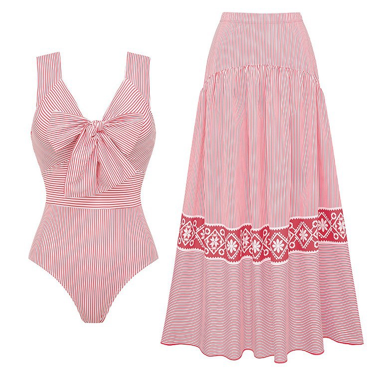 Damen Striped Bikini-Set mit eleganter Wickelbluse und modischem Rock R&B
