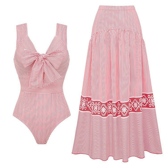 Damen Striped Bikini-Set mit eleganter Wickelbluse und modischem Rock R&B