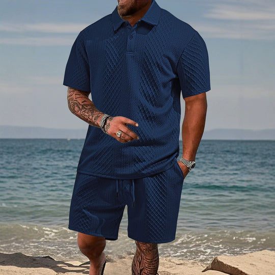 Herren nan texturiertes Jacquard-Poloshirt kurzärmelig schmaler Schnitt mit Polokragen R&B