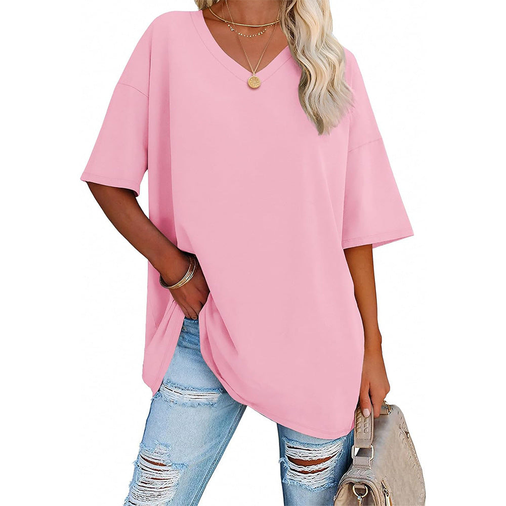 Damen Oversized T-Shirt mit V-Ausschnitt und seitlichen Schlitzen R&B