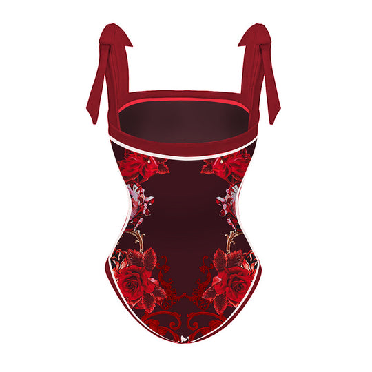Damen Badeanzug mit raffinierten Rüschenträgern und opulentem Blumendesign R&B
