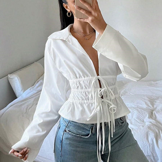 Damen zip-up Bluse mit Raffung und langen Ärmeln R&B