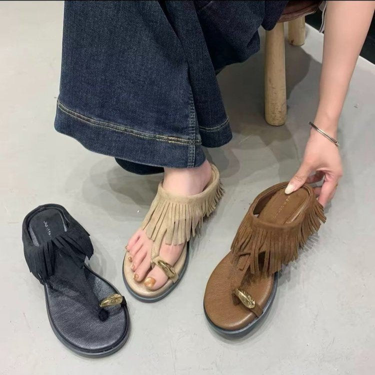 Damen elegante Flip-Flops mit fransiger Lederoptik und komfortablem Fußbett R&B