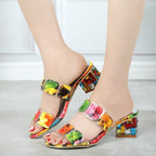 Damen Offene Mules mit dekorativen transparenten Riemen und farbenfrohem Blockabsatz R&B