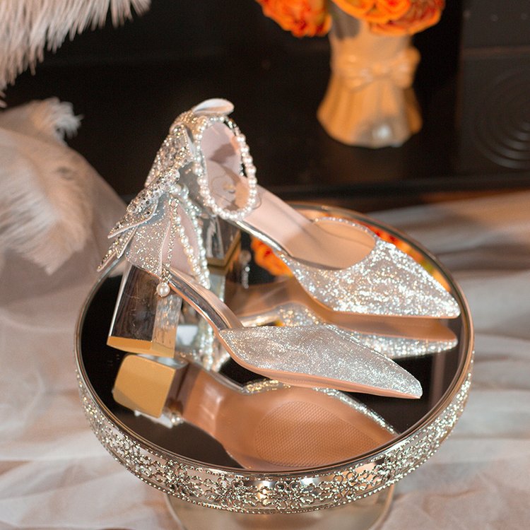 Damen elegante Glitzer-Pumps mit verzierten Fesselriemen R&B