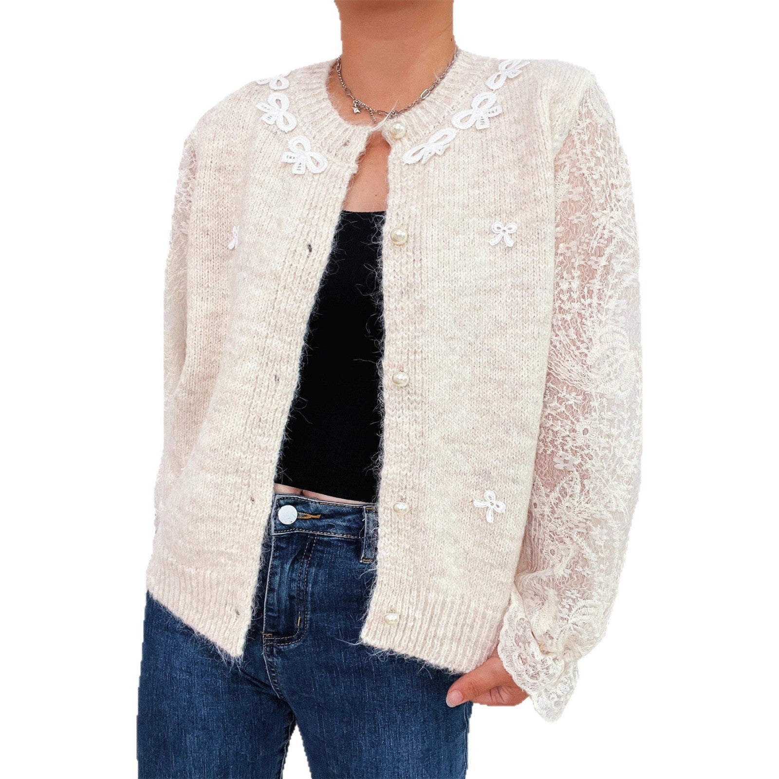 Damen Strickjacke mit romantischen Spitzendetails und eleganten Knopfverschlüssen R&B