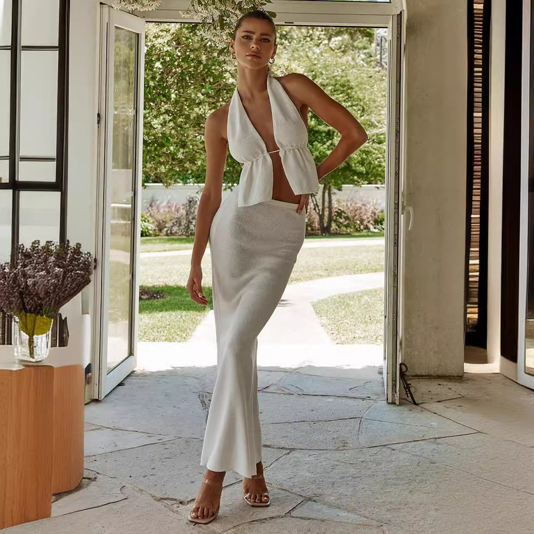 Damen elegantes Wickel-Top mit asymmetrischem Design und passendem Maxirock R&B