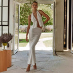 Damen elegantes Wickel-Top mit asymmetrischem Design und passendem Maxirock R&B