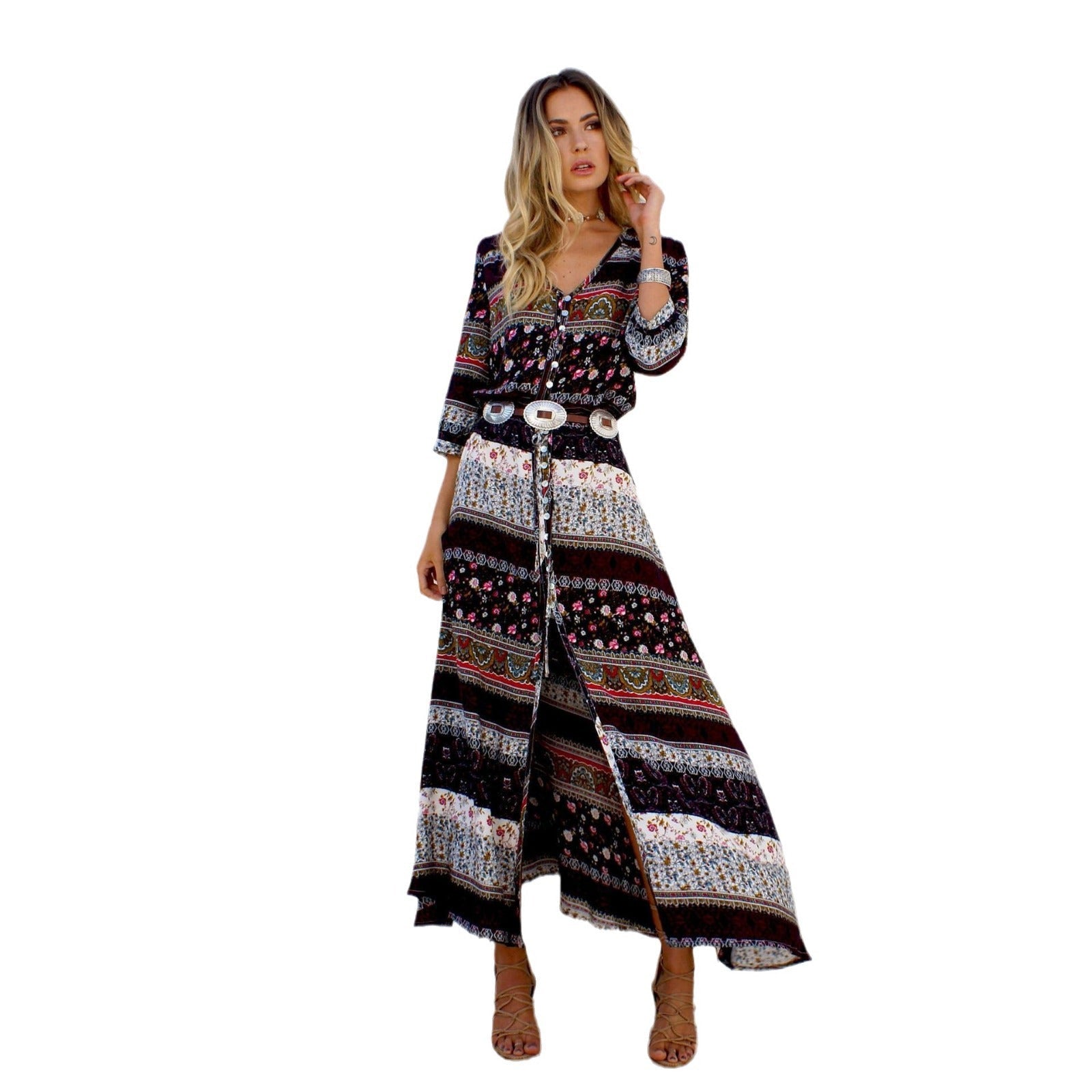 Damen Maxikleid mit farbenfrohen Mustern und seitlichen Schlitzen R&B