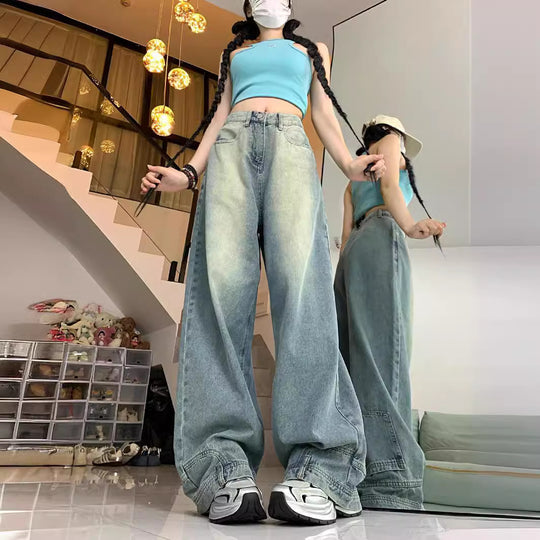 Damen Oversized Denim-Hose mit weitem Bein und modischem Schnitt R&B