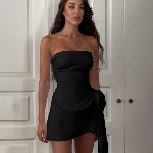 Damen Wickelkleid mit trägerlosem Design und dekorativem Blumen-Detail R&B