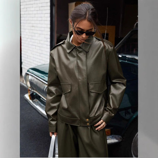 Damen modische Kunstlederjacke im Oversized-Stil R&B