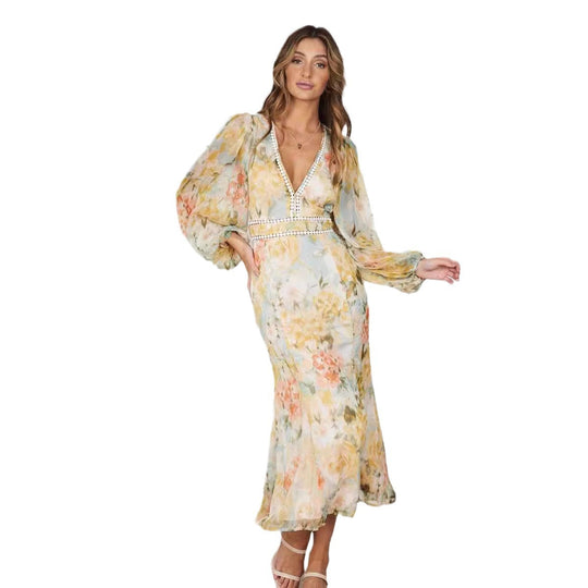 Damen Maxikleid mit ballonärmel und floralem Muster R&B