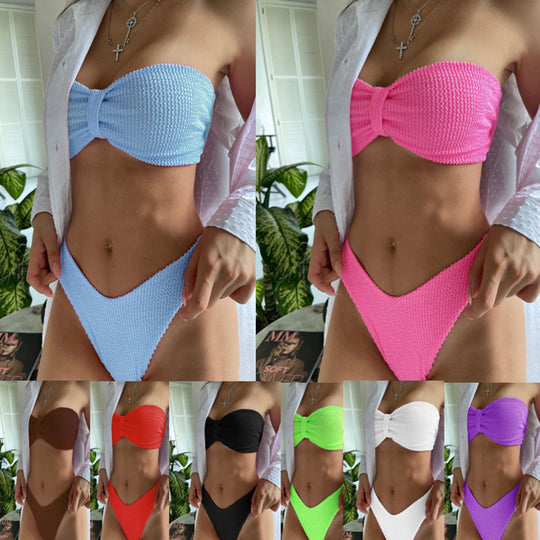 Damen Bandeau-Bikini mit strukturiertem Oberteil und hochgeschnittenem Höschen R&B
