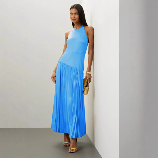 Damen Elegantes Maxi-Kleid mit fließendem Faltenrock und Halterneck-Design R&B
