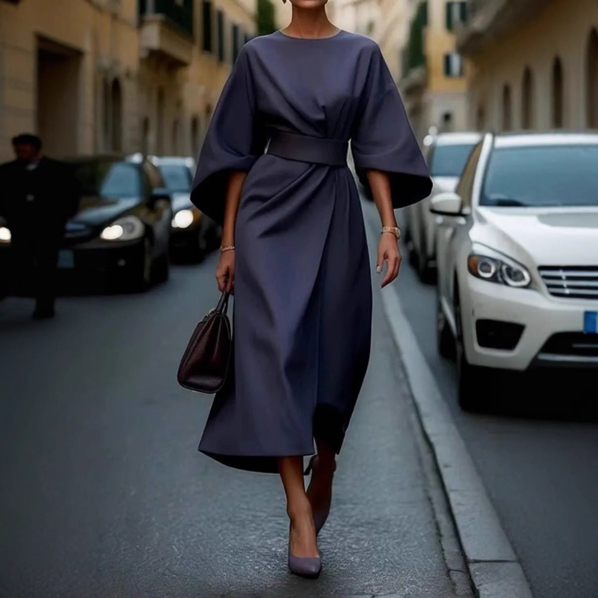 Damen elegantes Maxikleid mit Ballonärmel und tailliertem Schnitt R&B
