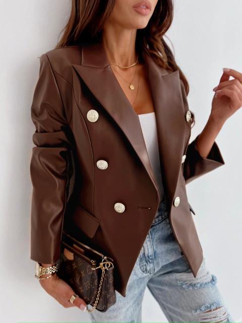 Damen eleganter Kunstleder Blazer mit doppelter Knopfleiste R&B