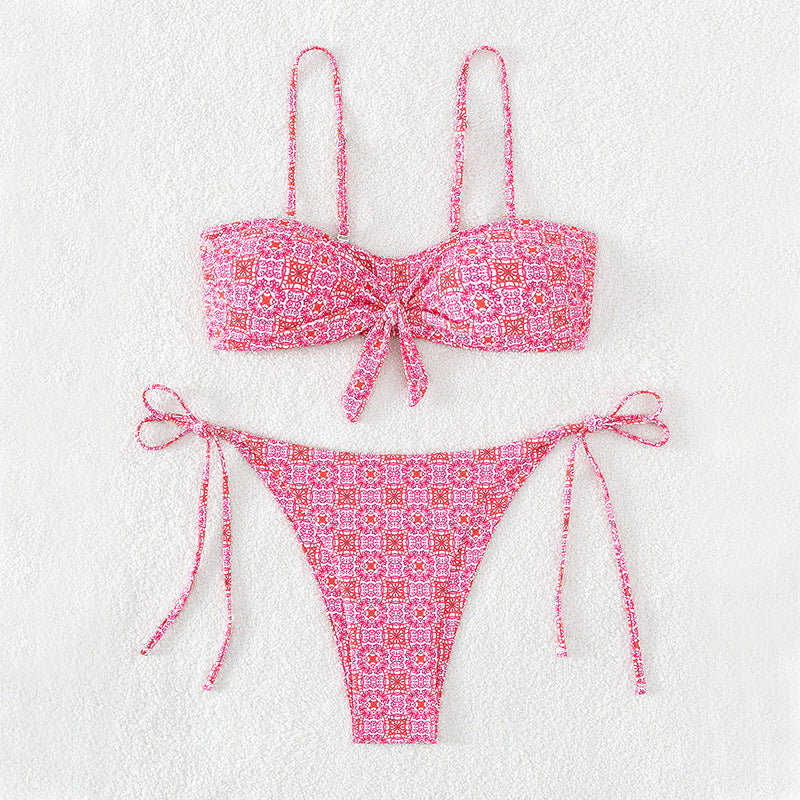 Damen Bandeau-Bikini mit dekorativem Knoten und verspielten BindR&Bändern R&B