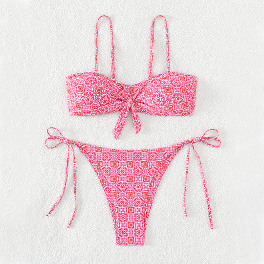 Damen Bandeau-Bikini mit dekorativem Knoten und verspielten Bindebändern R&B