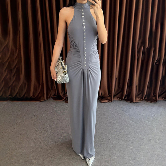 Damen Elegantes, figurbetontes Maxikleid mit hochgeschlossenem Ausschnitt und Knopfdetails R&B