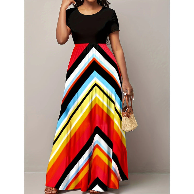 Damen Maxikleid mit modischem Zickzackmuster und angeschnittenem Ärmel R&B