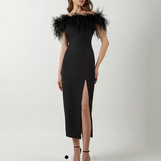 Damen Abendkleid mit federverziertem Oberteil und schlankem Schnitt R&B