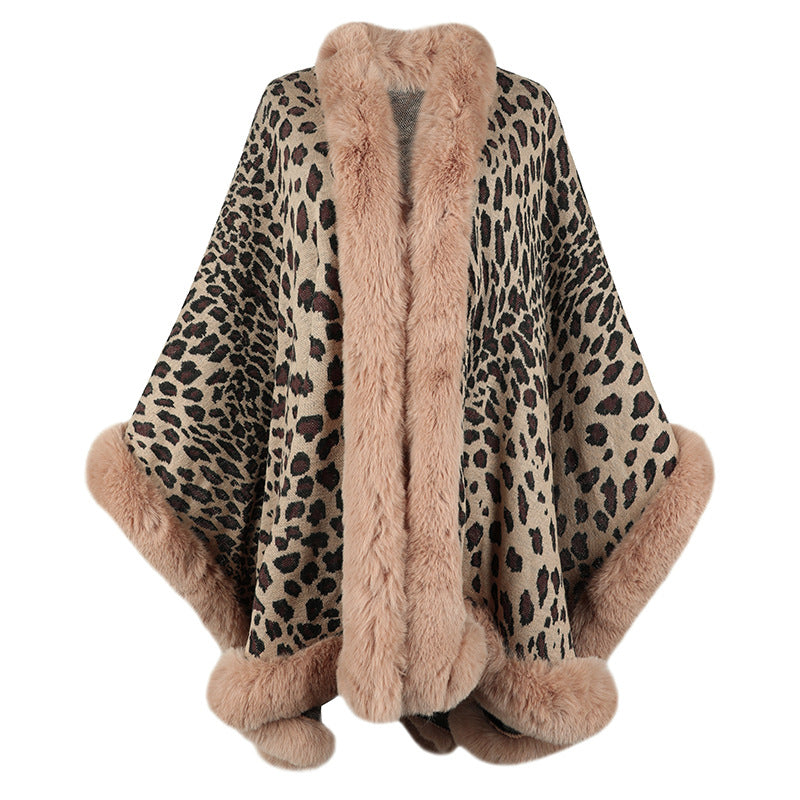 Damen kuscheliger Poncho mit luxuriösem Kunstfellbesatz und Leopardenmuster R&B