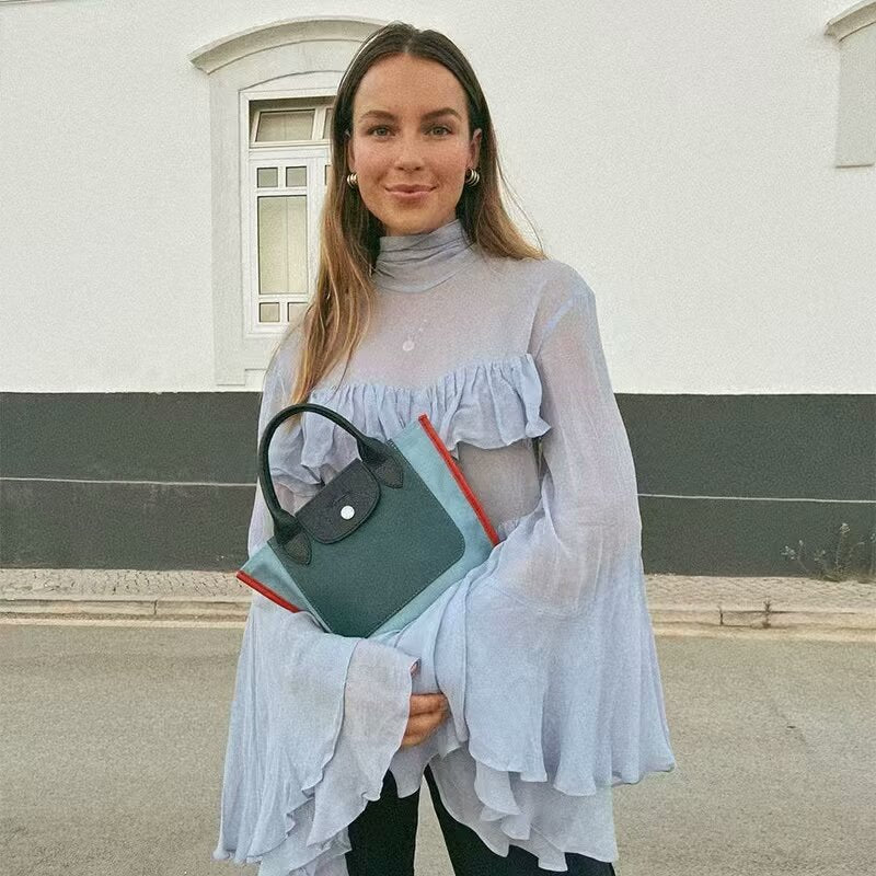 Damen Rüschenbluse mit weiten Ärmeln und elegantem Stehkragen R&B